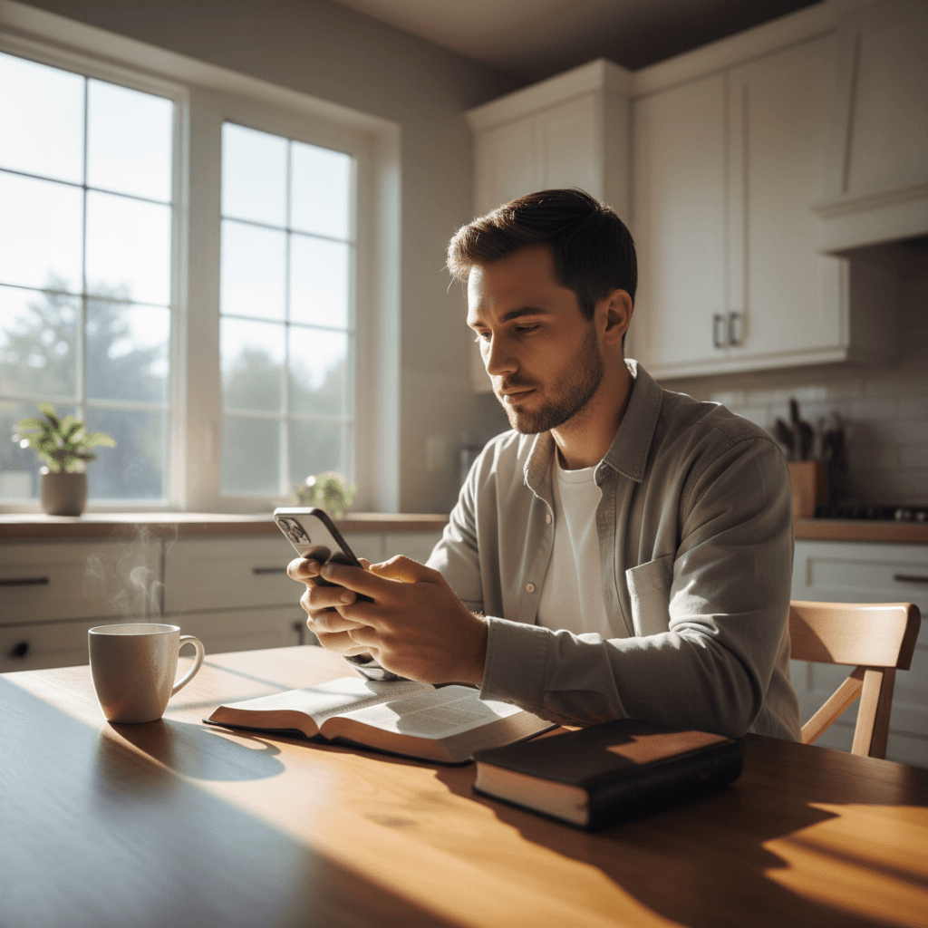 Person reading daily verse on Bible Scheduler app