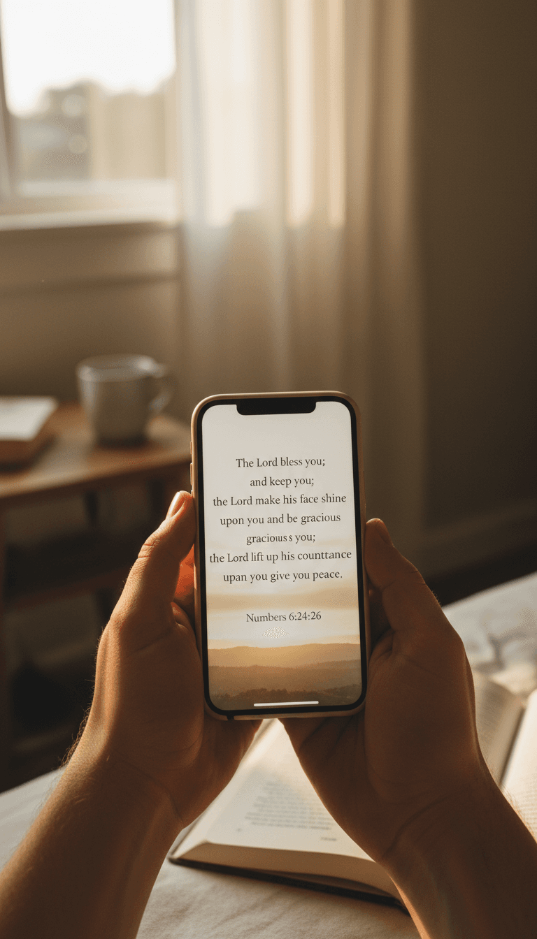 Hands holding a smartphone displaying a Bible verse on Bible Scheduler's lock screen in morning light