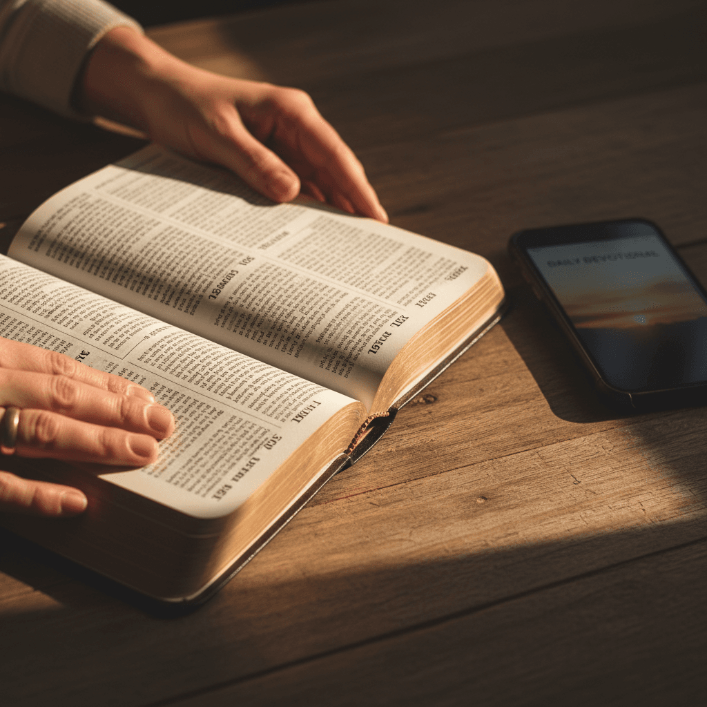 Daily scripture reading with Bible and phone